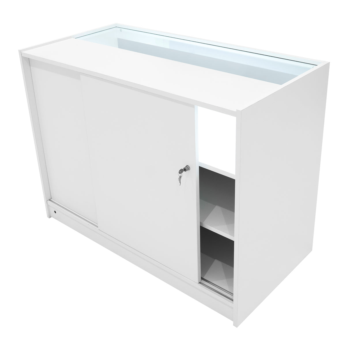 Bancone bianco con illuminazione LED, ante scorrevoli, ripiani interni e chiusura a chiave, design moderno e funzionale