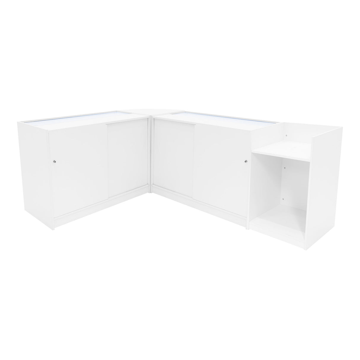 Set di banconi angolari bianchi con illuminazione LED, superficie liscia e moderna, design elegante e funzionale per spazi commerciali