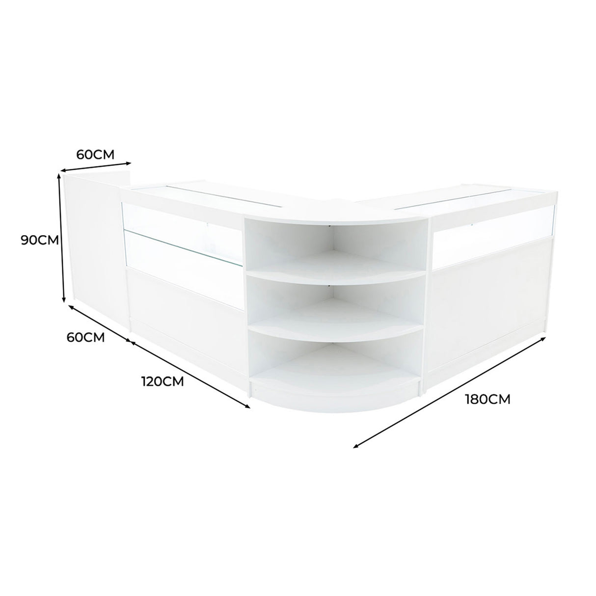 Set banconi angolari bianchi con illuminazione LED, misure 180x120x90 cm, design moderno e superfici lisce, perfetti per negozi