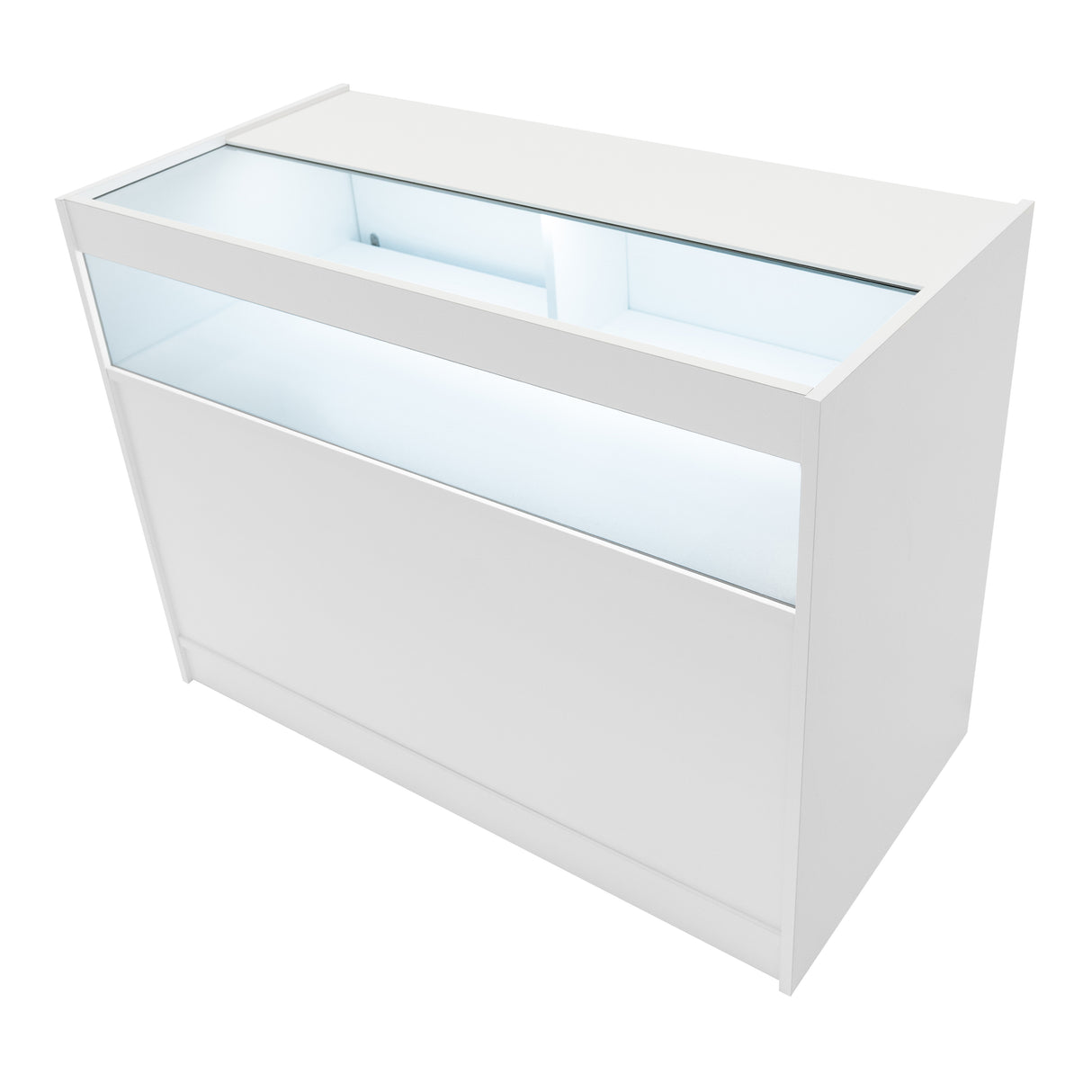 Bancone bianco con illuminazione LED, design moderno, superficie liscia e vetro trasparente, ideale per esposizioni e negozi