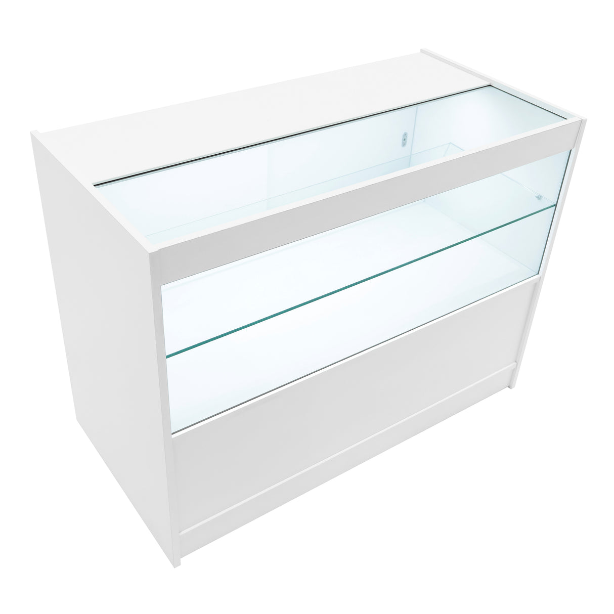 Bancone bianco con illuminazione LED, superficie liscia e vetro trasparente, ideale per esposizione di prodotti in modo elegante