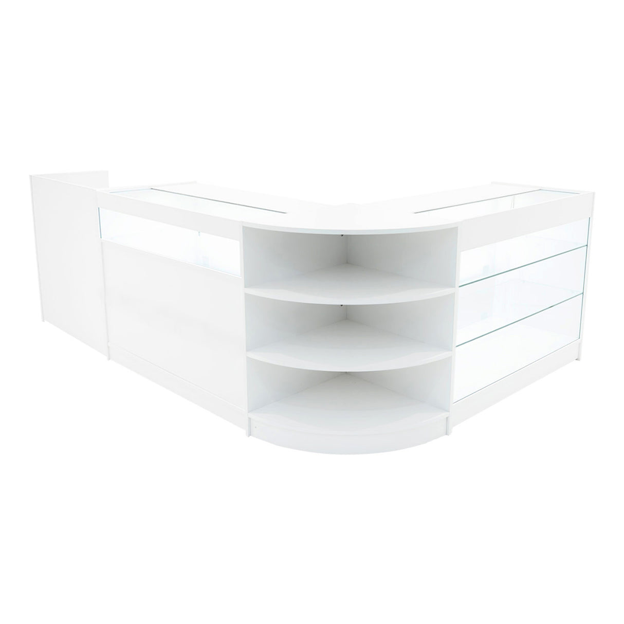 Set banconi angolari bianchi con illuminazione LED, superfici lisce e trasparenti, design moderno e funzionale per spazi commerciali