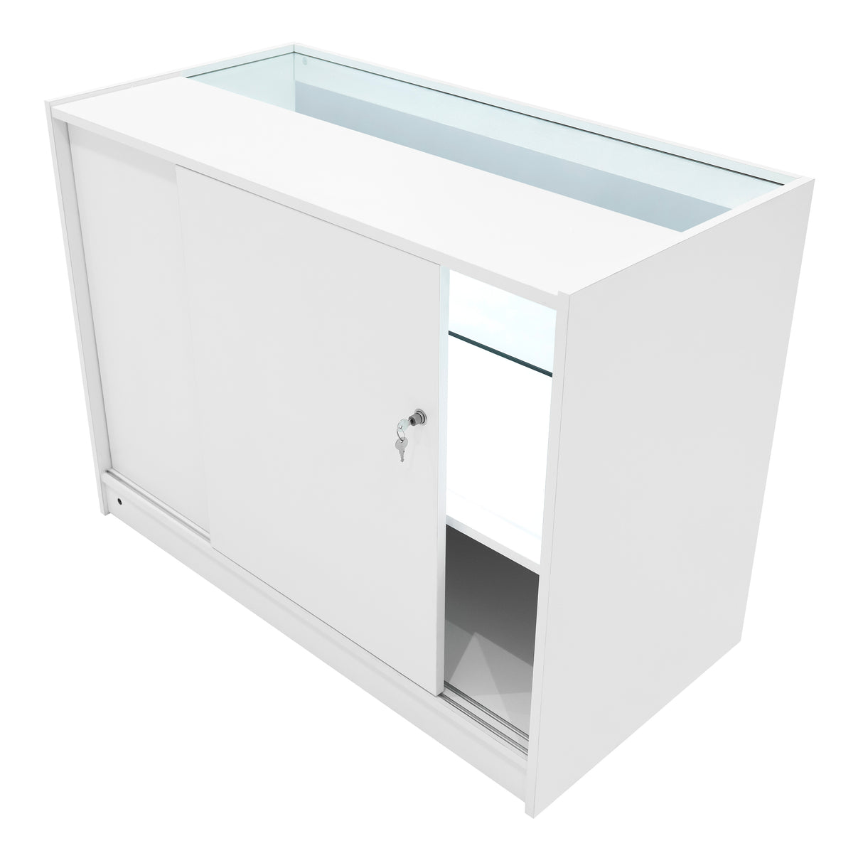 Bancone bianco con illuminazione LED, design moderno, ante scorrevoli e vetro trasparente, ideale per esposizione e arredamento elegante