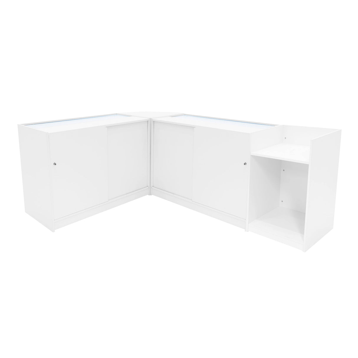 Set di banconi angolari bianchi con illuminazione LED, finitura liscia e moderna, ideale per esposizioni e negozi