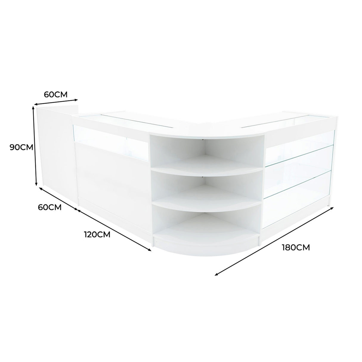 Bancone bianco angolare con illuminazione LED, dimensioni 180x120x90 cm, dotato di ripiani in vetro e finitura lucida