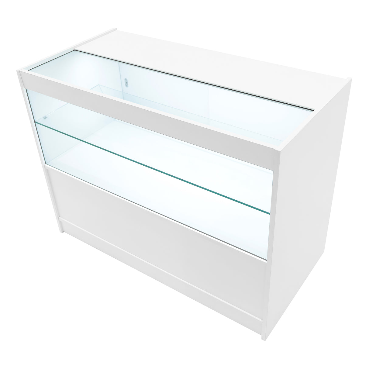 Bancone bianco con illuminazione LED, superficie liscia, vetro trasparente, design moderno e minimalista, ideale per esposizione prodotti