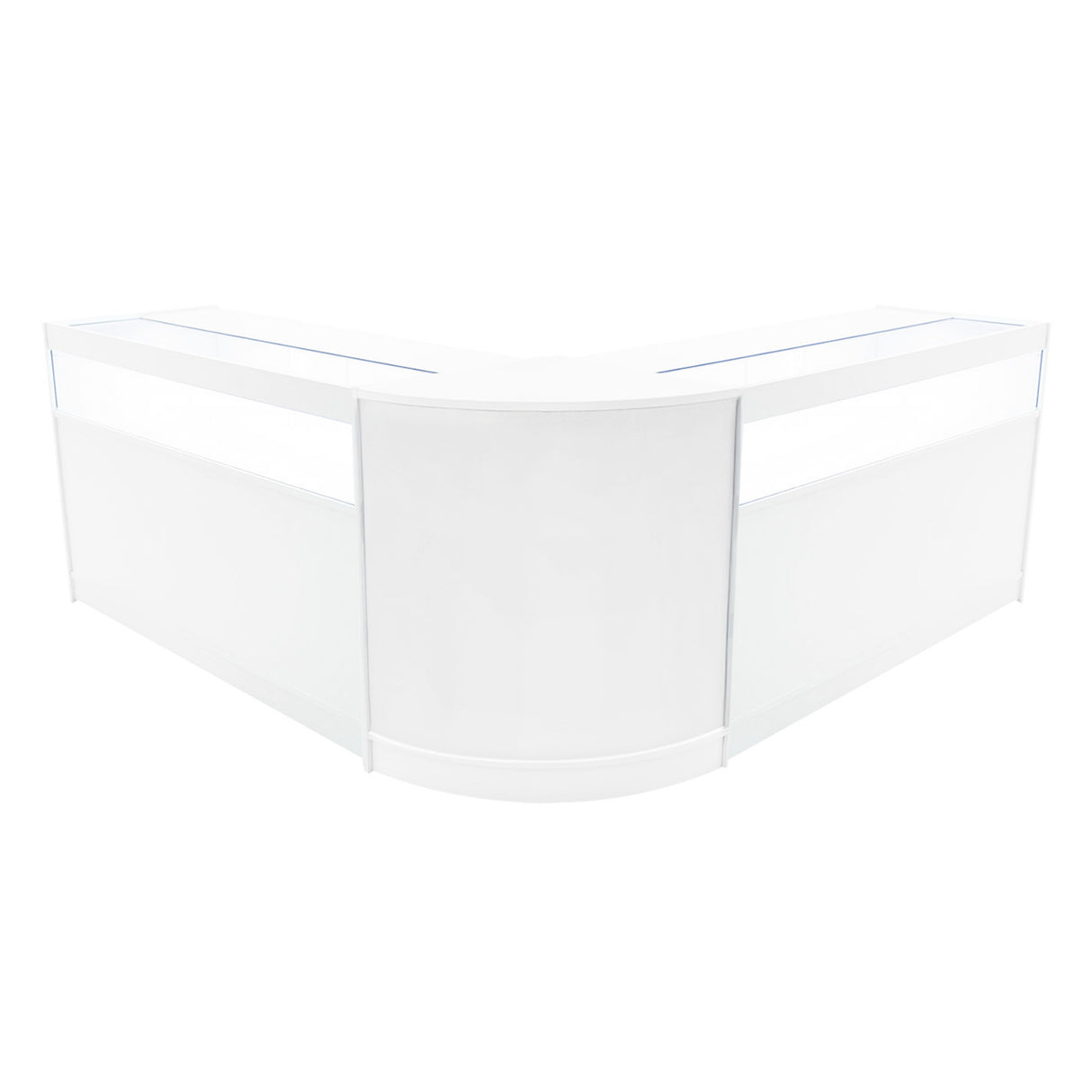Set banconi Iris con LED, design angolare bianco, superficie liscia e lucida, ideale per esposizioni moderne e accoglienti