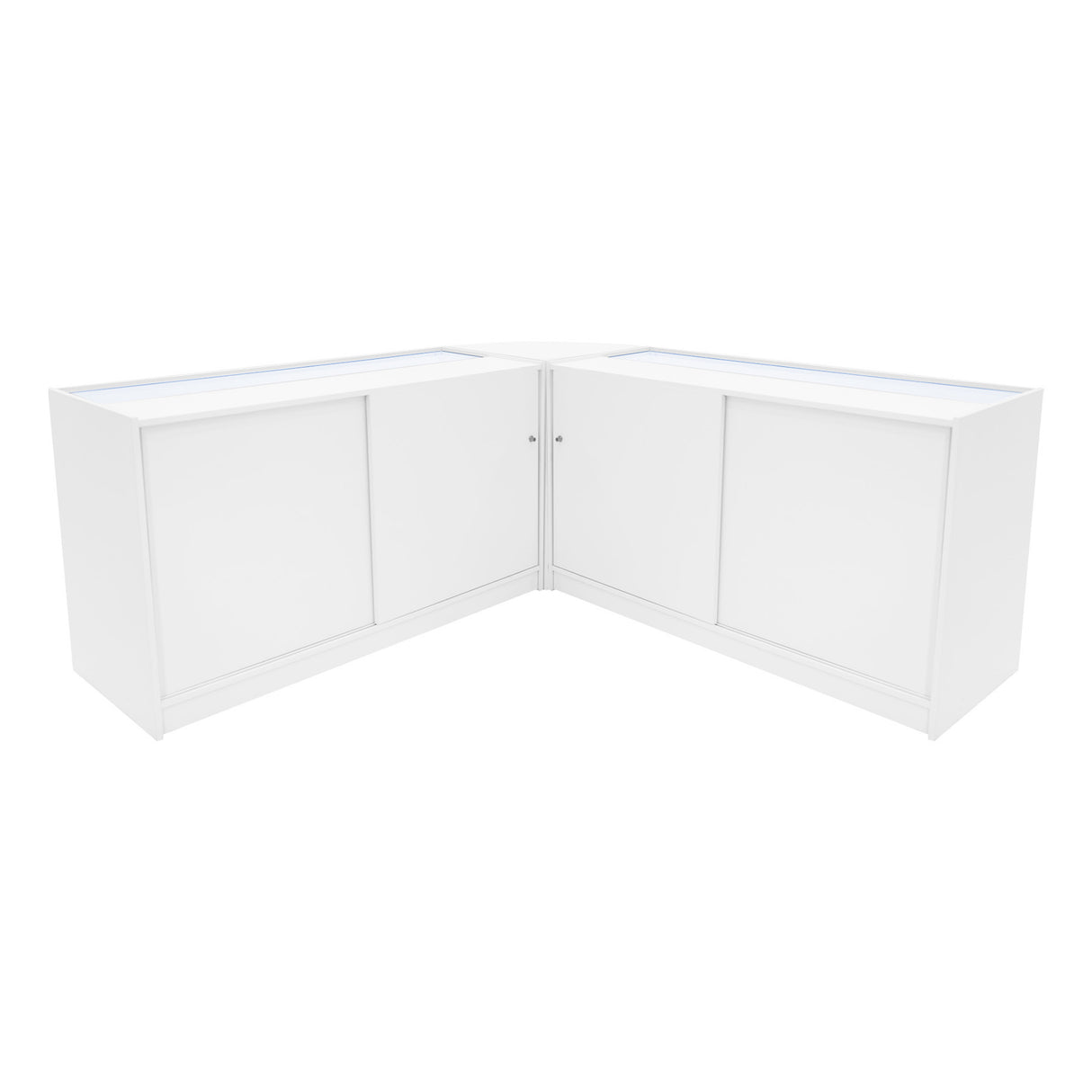 Set di banconi Iris con illuminazione LED, finitura bianca, design angolare elegante, ante scorrevoli e superficie liscia