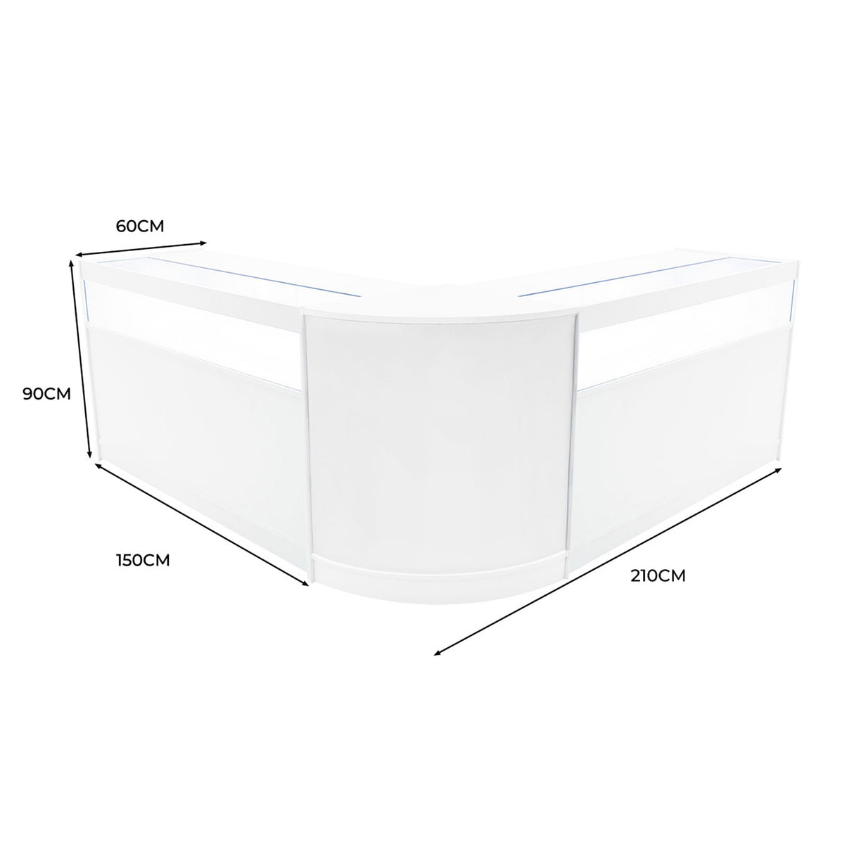 Set banconi Iris con LED, angolo bianco, dimensioni 150x90 cm, design moderno e linee pulite, ideale per esposizioni e eventi