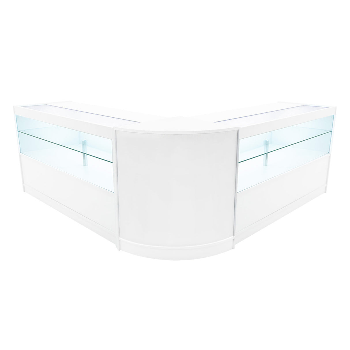 Set banconi angolari Selene in bianco con illuminazione LED, design moderno, superfici lisce e vetro trasparente per esposizione elegante