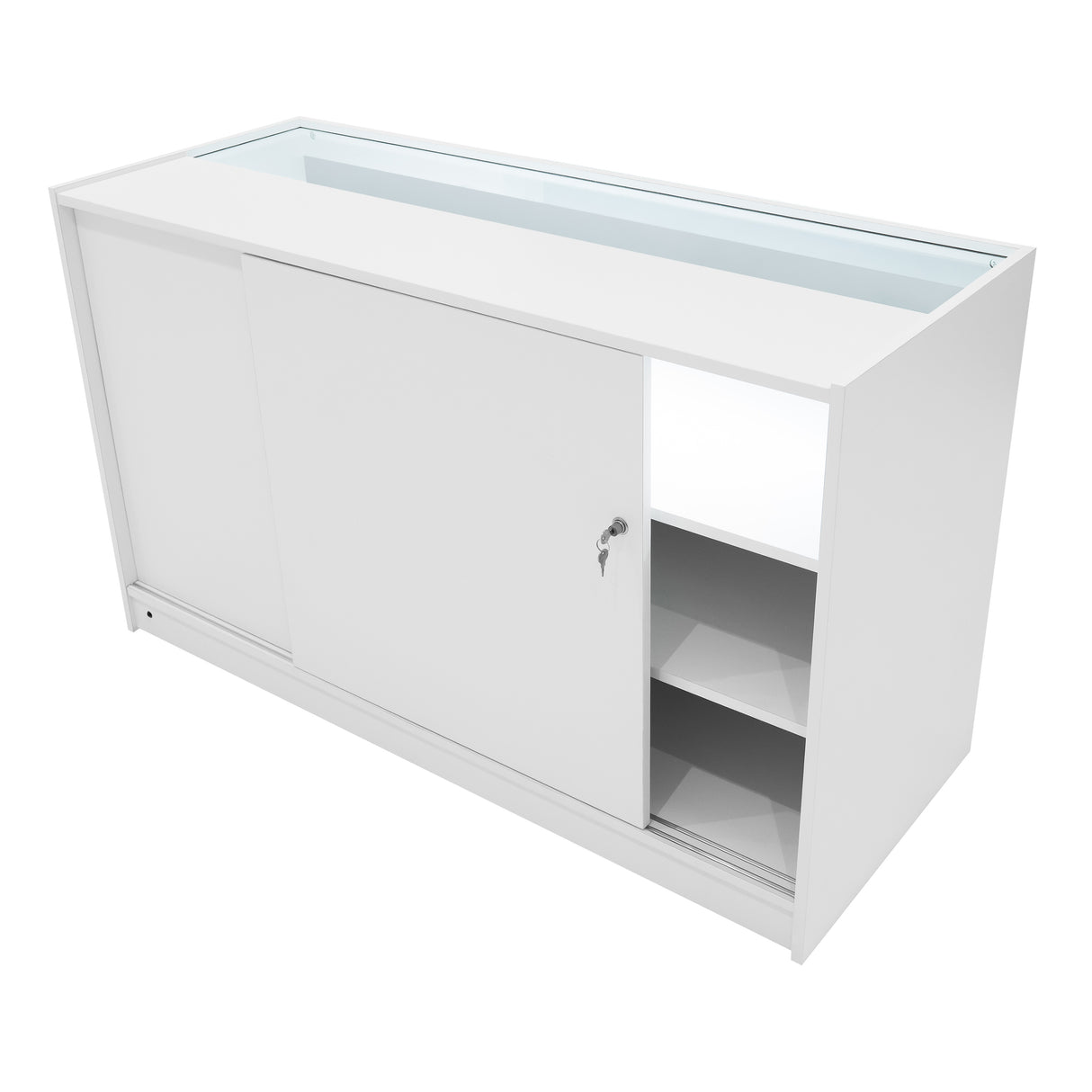 Set banconi Selene in bianco con illuminazione LED, design moderno, ante scorrevoli e ripiani interni per un'ottima organizzazione