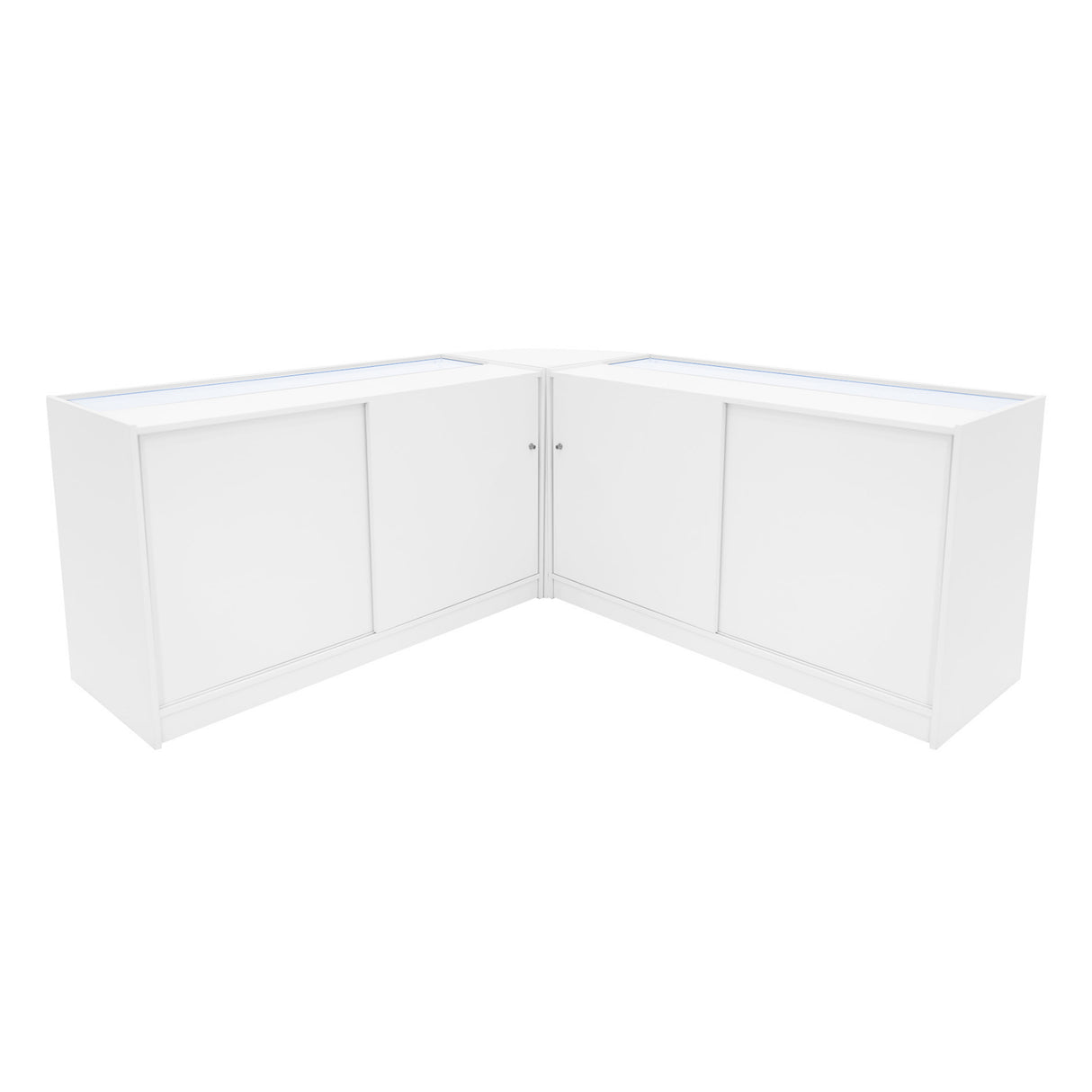 Set di banconi angolari Selene in bianco, dotati di illuminazione LED, con finitura liscia e ante scorrevoli per un design moderno ed elegante