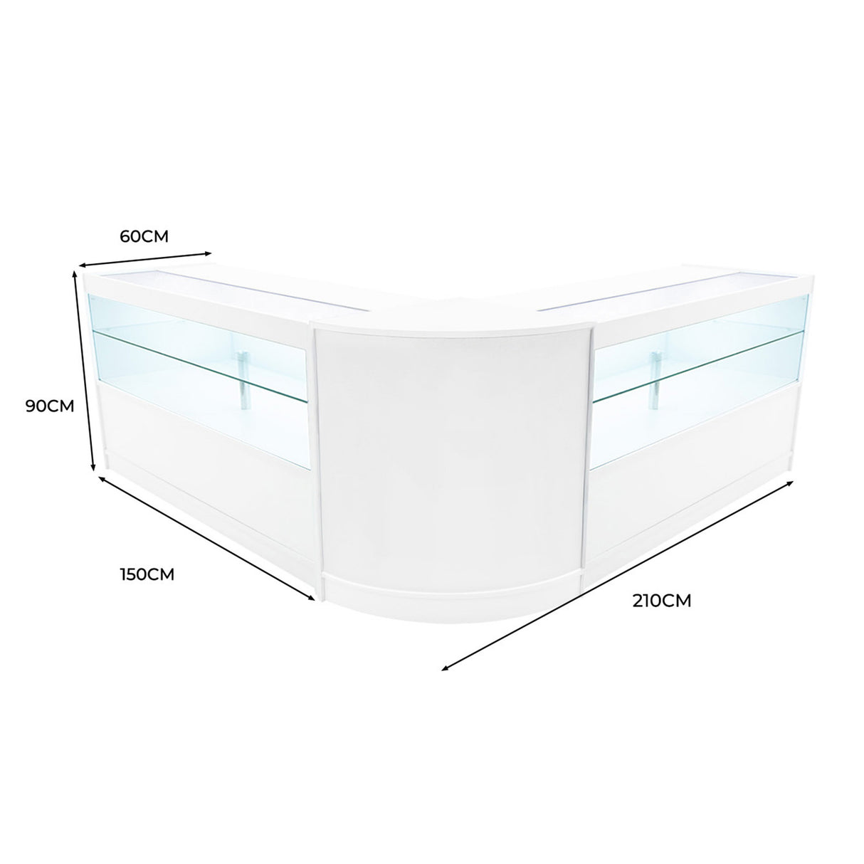 Set banconi angolari Selene in bianco con illuminazione LED, vetro trasparente, dimensioni 150x90x60 cm, design moderno e elegante