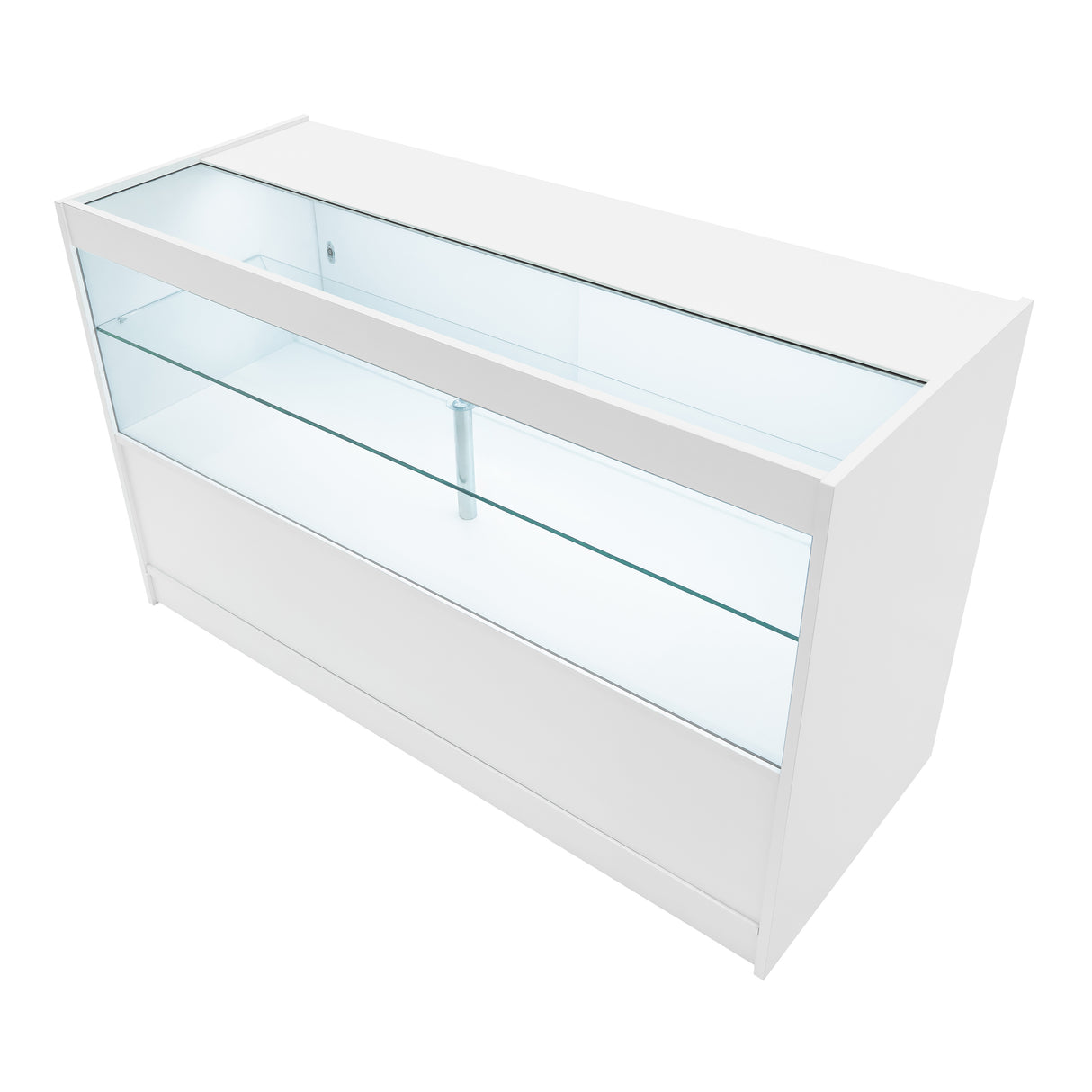Bancone Selene bianco con illuminazione LED, vetro trasparente, design moderno e linee pulite, ideale per esposizione prodotti