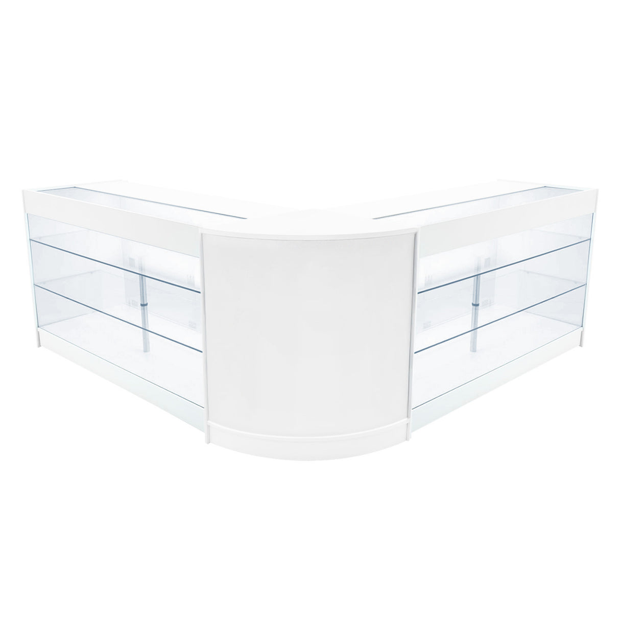 Set di banconi angolari Helios in bianco, con illuminazione LED, superfici lisce e trasparenti, design moderno e funzionale