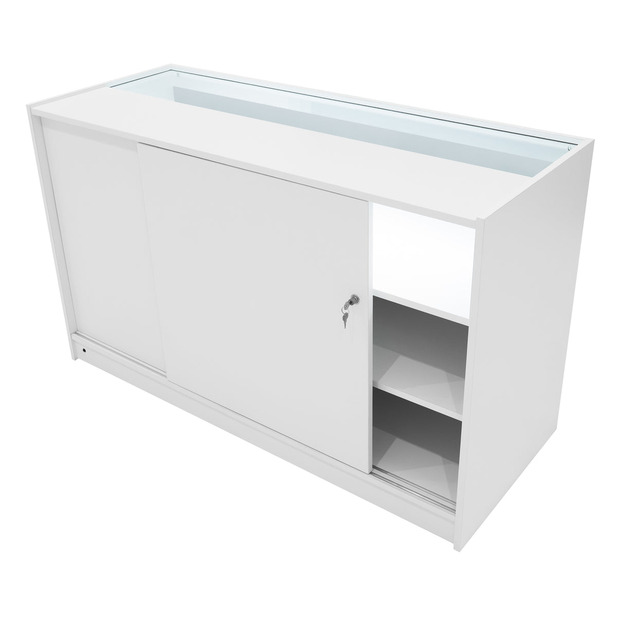 Set banconi Helios in bianco con illuminazione LED, design moderno, ante scorrevoli, ripiani interni e finitura liscia e lucida