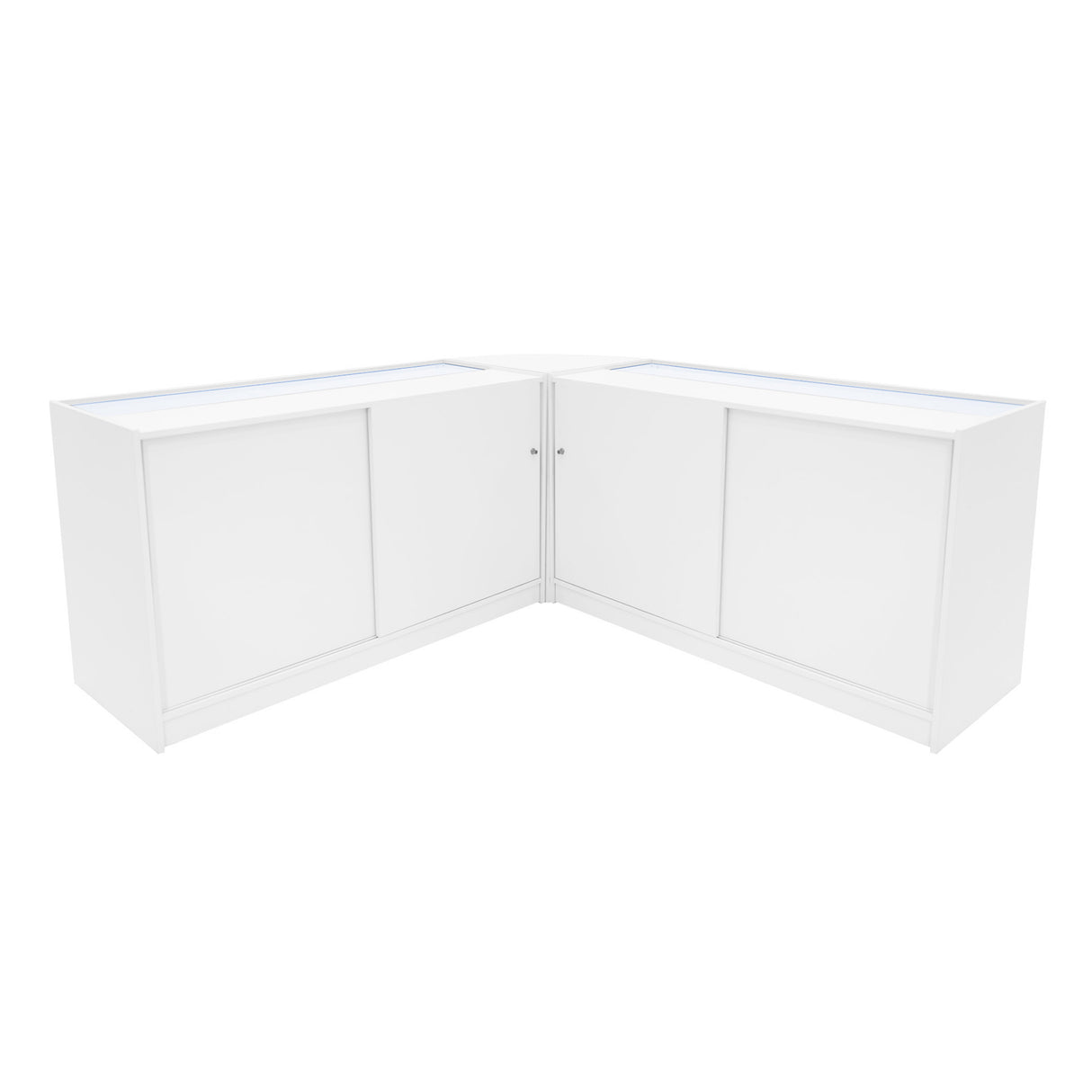 Set banconi angolare Helios in bianco, con illuminazione LED, caratterizzato da linee pulite e superfici lisce, ideale per spazi moderni