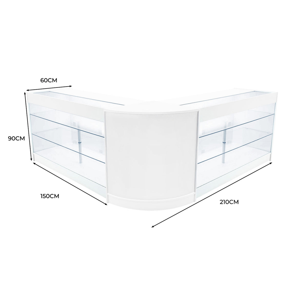 Banconi Helios angolari bianchi con illuminazione LED, vetro trasparente, misure 210x150x90 cm, design moderno e luminoso