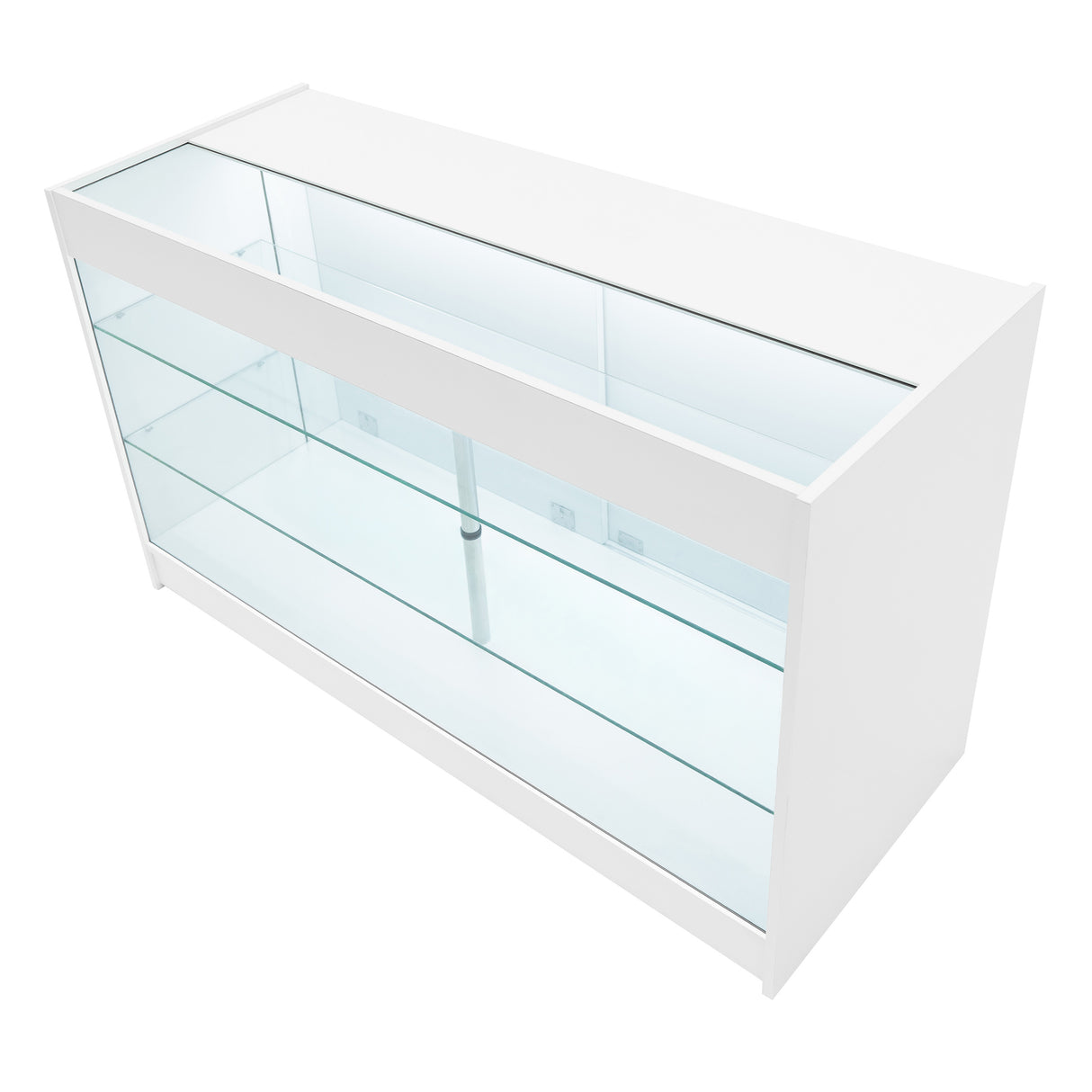Bancone Helios bianco con illuminazione LED, struttura in legno e vetro, ripiani trasparenti e design elegante e moderno