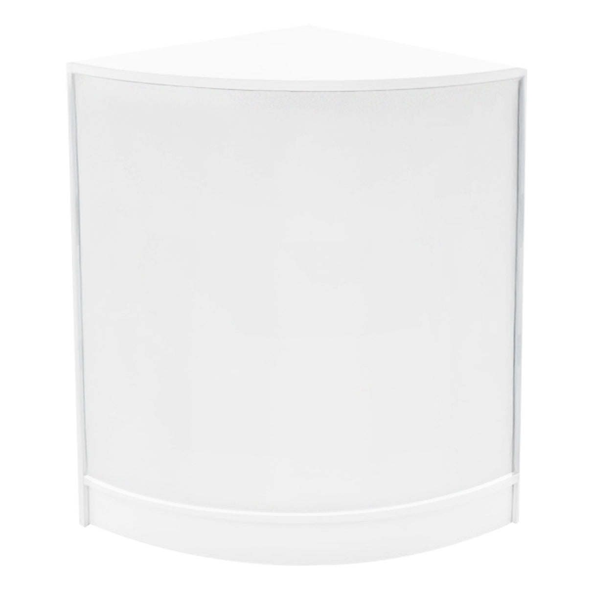 Bancone angolare bianco Helios con illuminazione LED, design moderno e superficie liscia, ideale per spazi commerciali e eventi