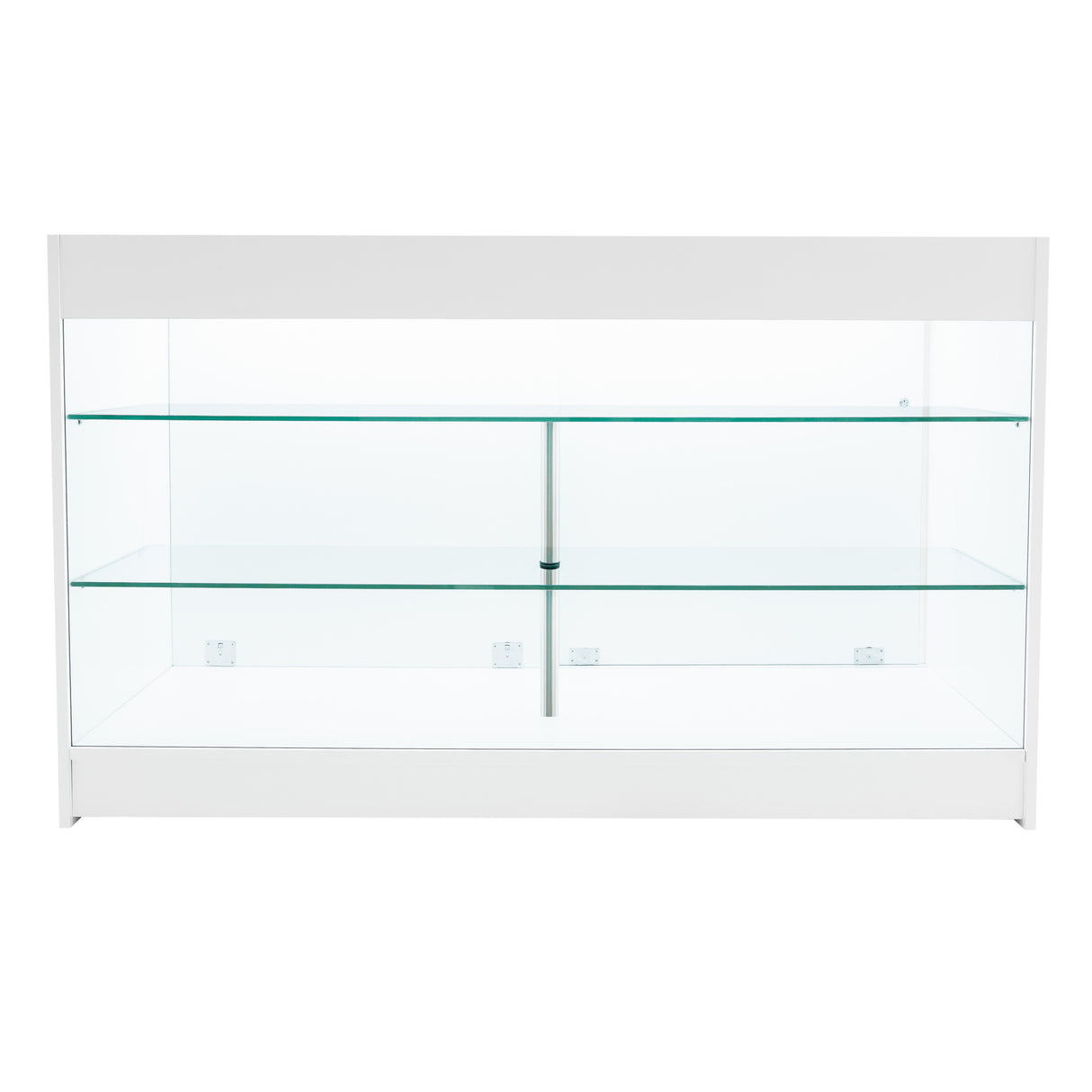 Set banconi Helios bianco con illuminazione LED, due ripiani in vetro trasparente, design moderno e elegante per esposizione prodotti