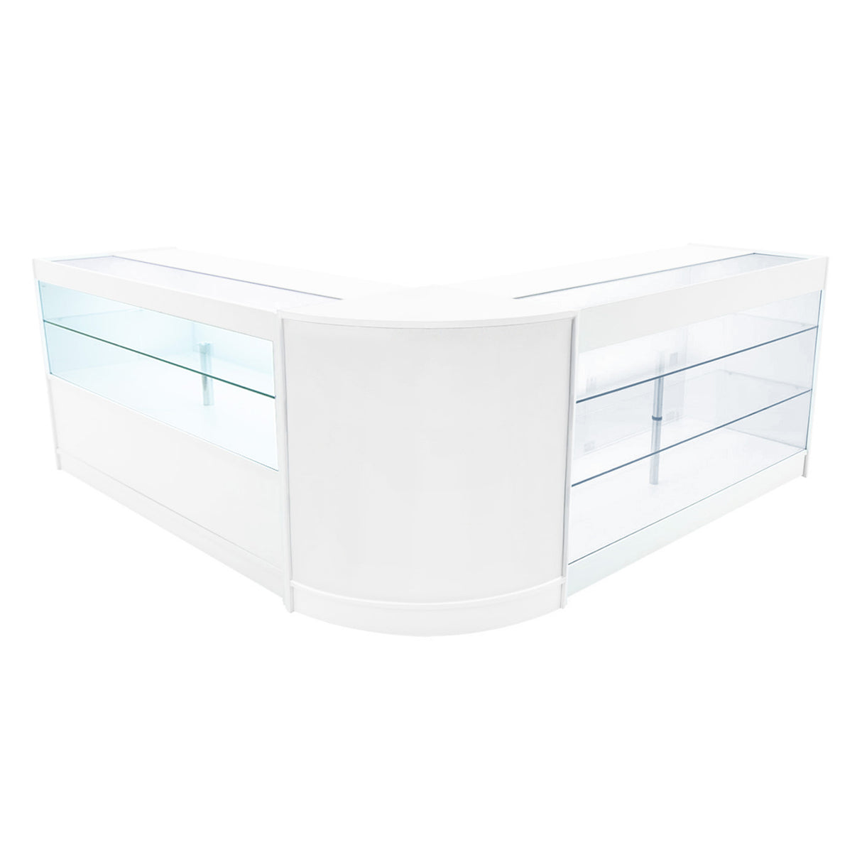 Bancone angolare bianco con ripiani in vetro trasparente, elegante e moderno, ideale per negozi e esposizioni di prodotti