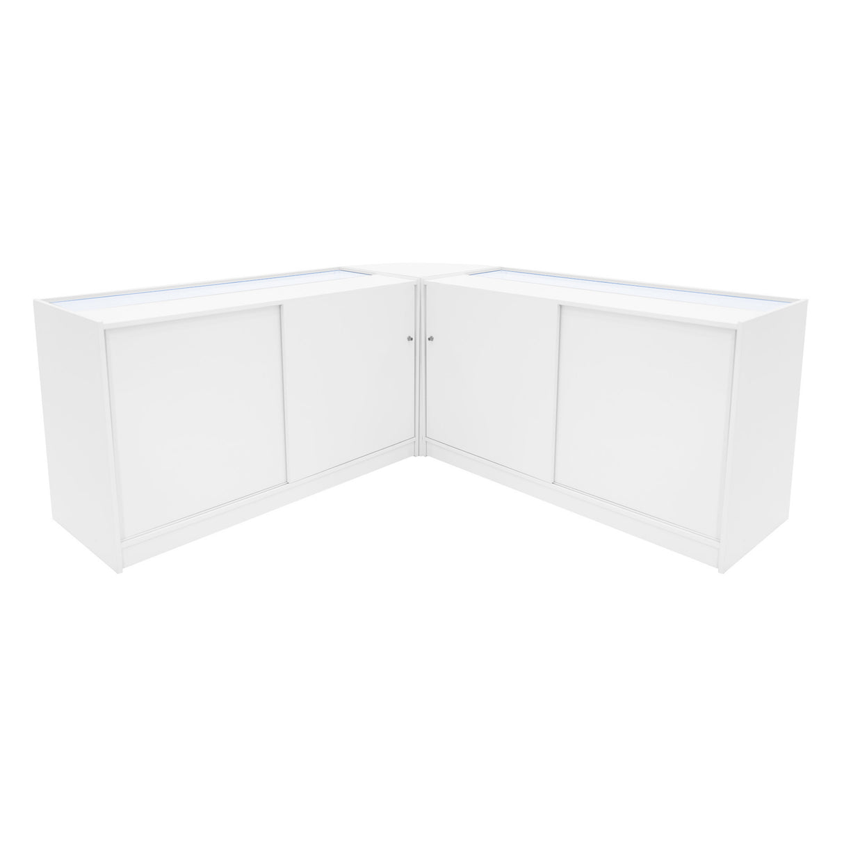 Set bancone Hera LED in bianco, design angolare con ante scorrevoli e piano in vetro, ideale per esposizione e vendita prodotti