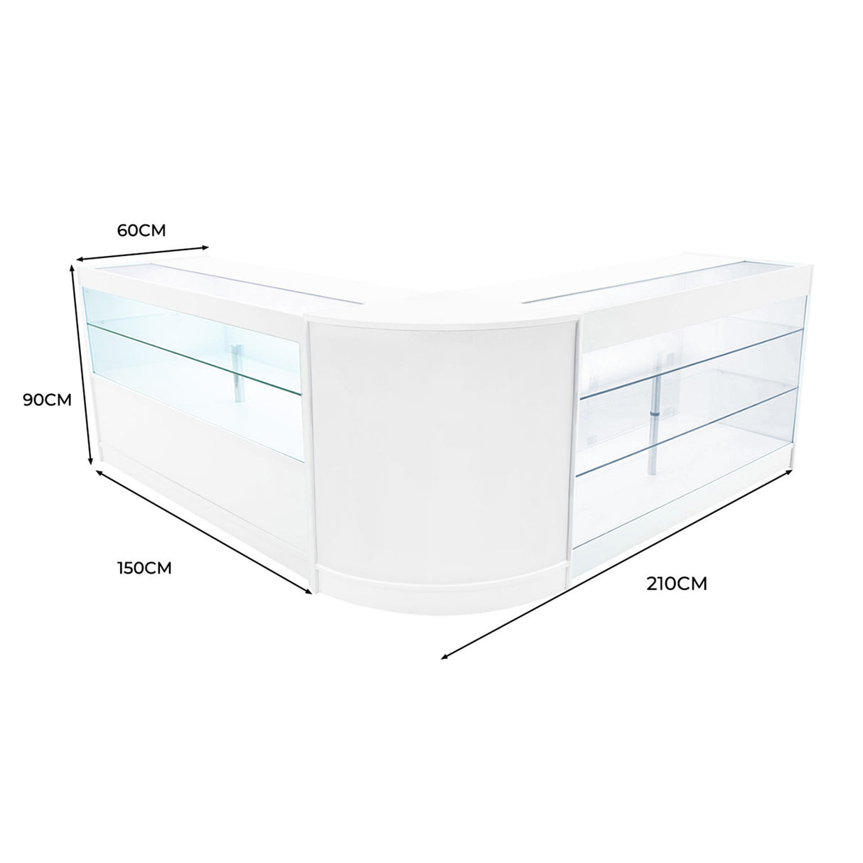 Bancone angolare Hera LED bianco con ripiani in vetro, dimensioni 150x210 cm, design moderno e luminoso, ideale per esposizione