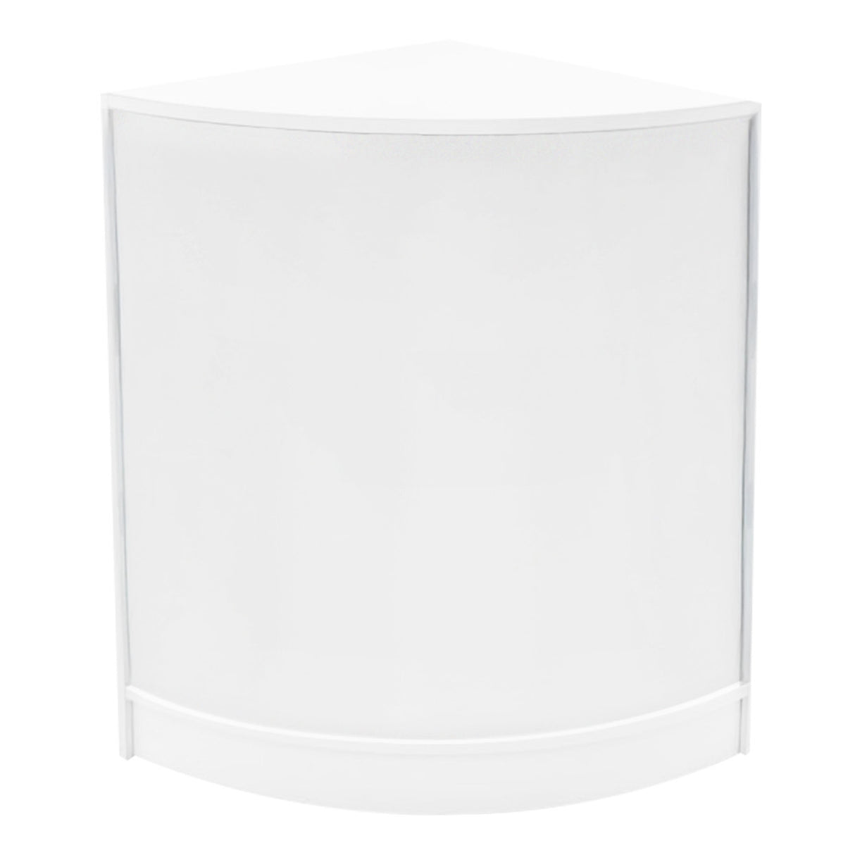 Bancone angolare bianco con illuminazione LED, design moderno e superficie liscia, ideale per spazi eleganti e funzionali