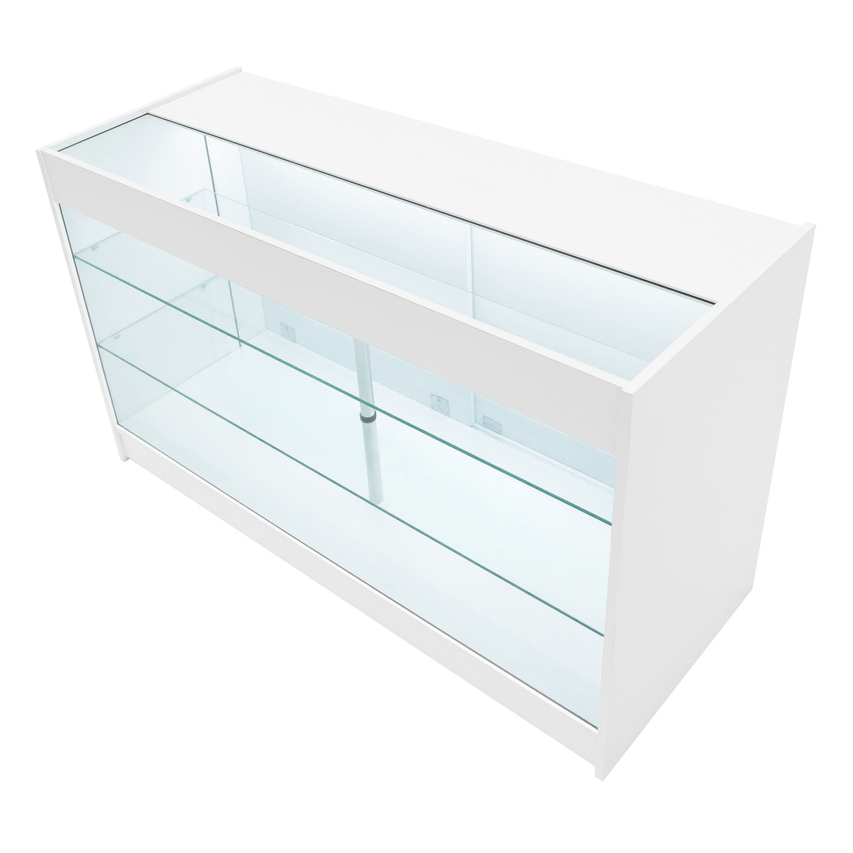 Bancone Hera LED bianco con ripiani in vetro trasparente, design moderno e linee pulite, ideale per esposizione e arredamento elegante