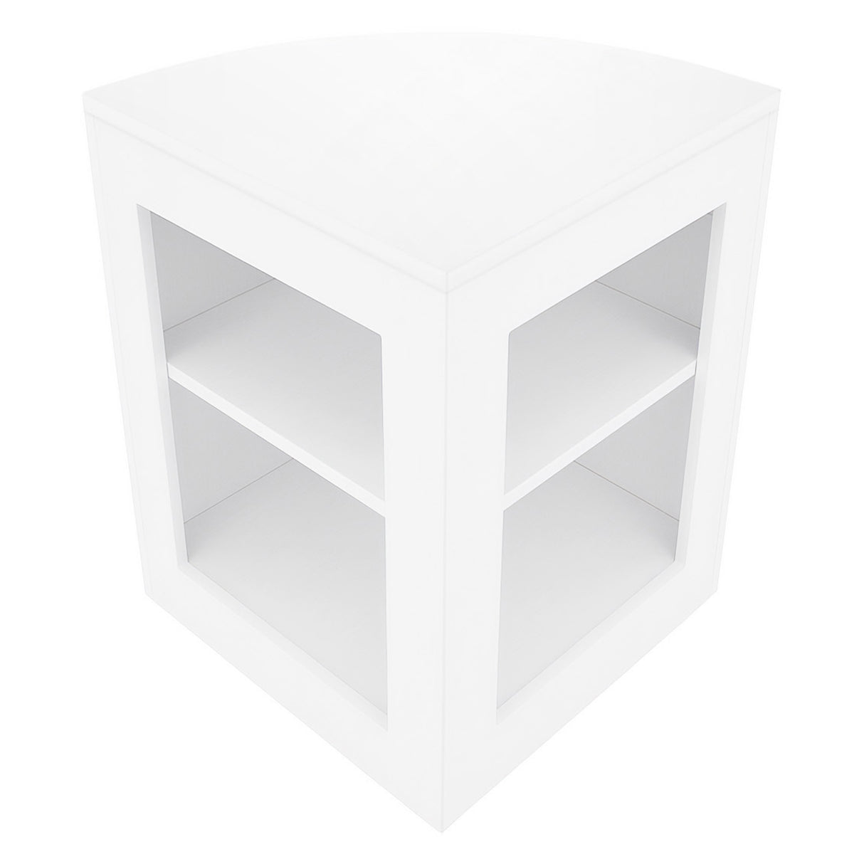 Bancone angolare bianco con ripiani aperti, design moderno e finitura lucida, ideale per spazi contemporanei e funzionali