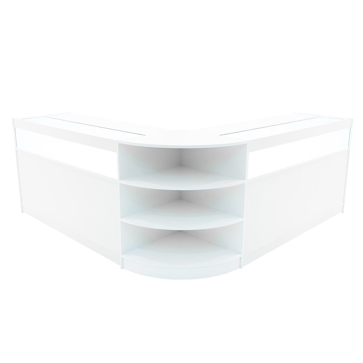 Bancone angolare Theseus LED bianco con ripiani curvi e finitura lucida, ideale per spazi moderni e funzionali