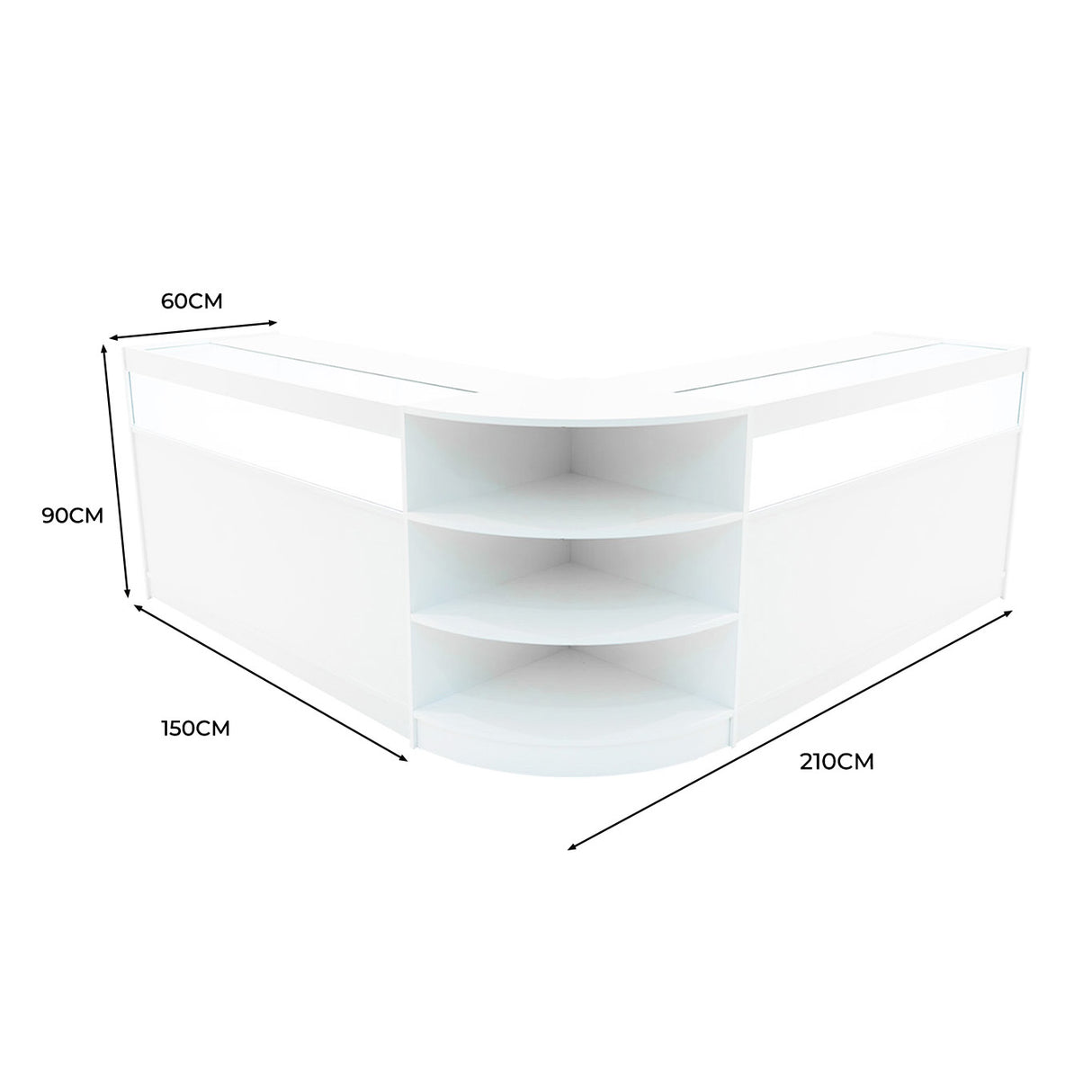 Bancone angolare Theseus LED bianco, con ripiani curvi e misure 210x150x90 cm, ideale per spazi moderni e luminosi