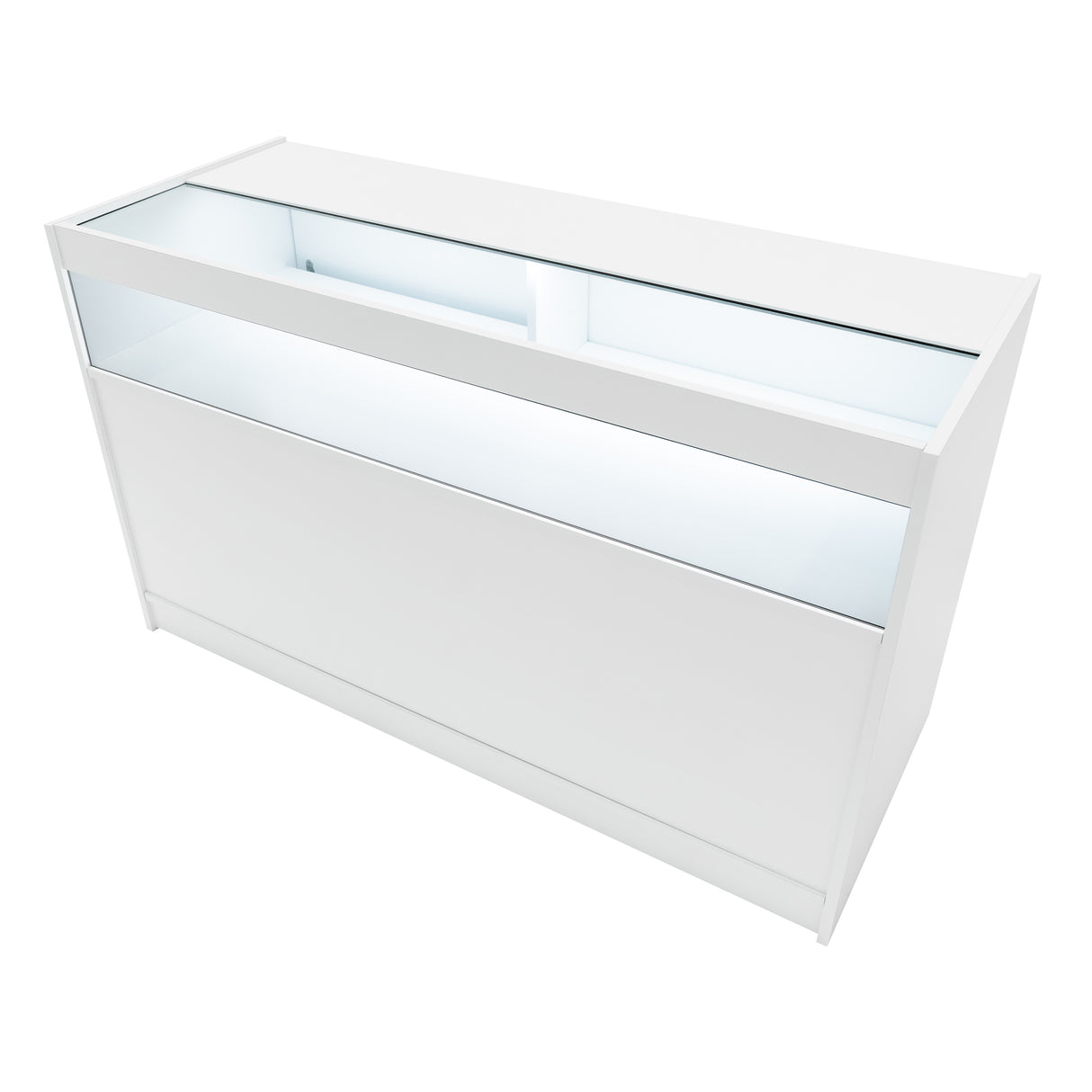 Bancone Theseus LED bianco, design moderno con superficie liscia, illuminazione interna e dettagli in vetro trasparente