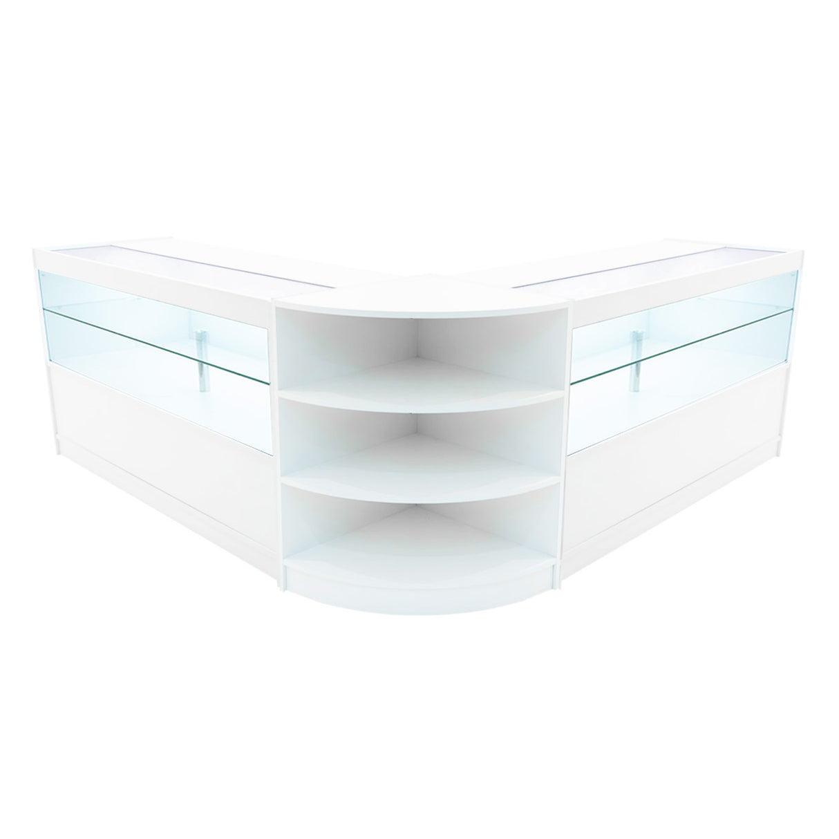 Banconi da negozio Andromeda LED, design angolare bianco con ripiani in vetro, elegante e moderno, ideale per esposizione prodotti