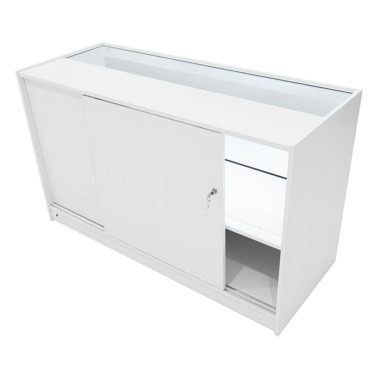 Bancone da negozio Andromeda LED, bianco, con ante scorrevoli, vetro trasparente e illuminazione interna, design moderno e funzionale