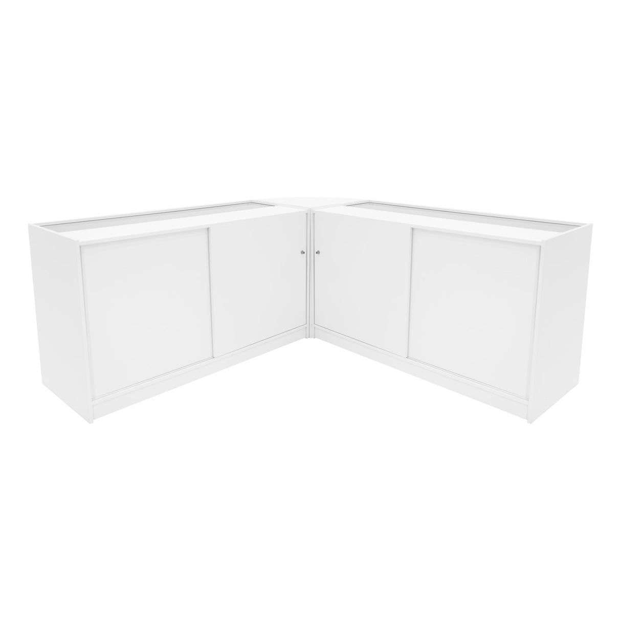 Set di banconi da negozio Andromeda LED, angolari, finitura bianca, con ante scorrevoli e design moderno, ideale per esposizione prodotti