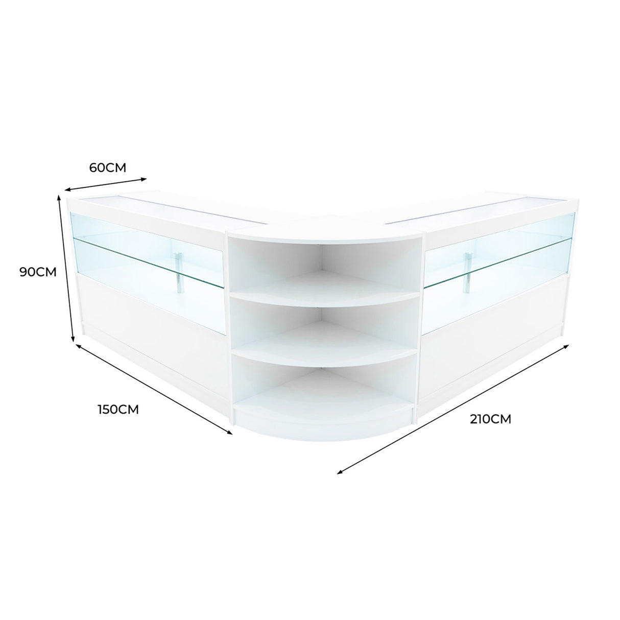 Banconi da negozio Andromeda LED, design bianco lucido, angolare, con ripiani in vetro, misure 150x60x90 cm, elegante e moderno