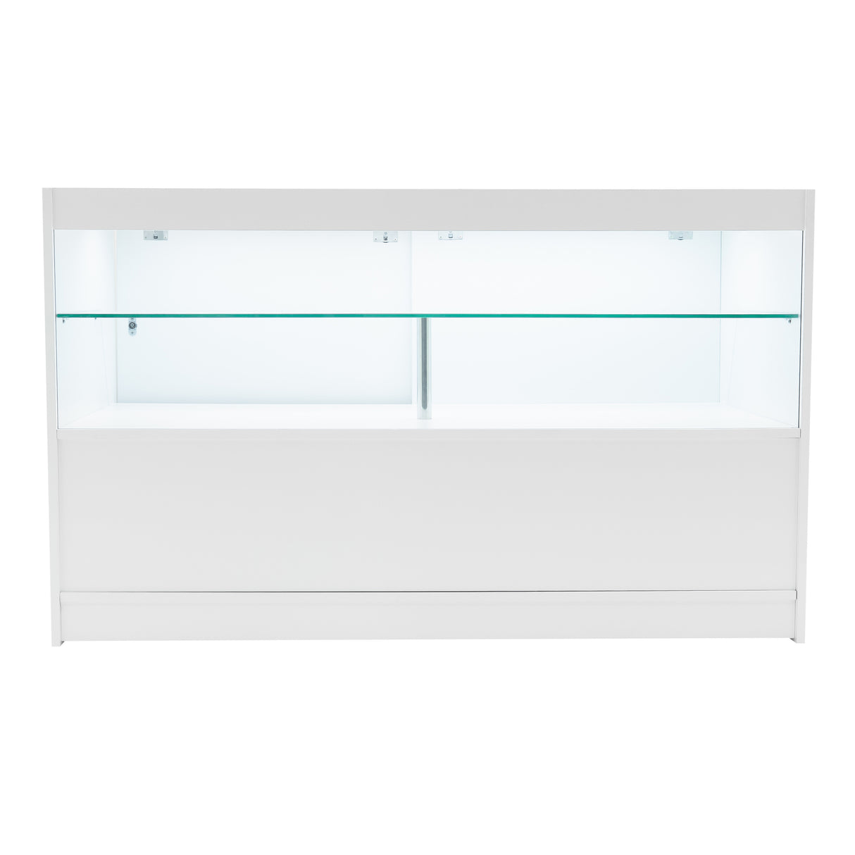 Bancone da negozio Andromeda LED bianco, con ripiani in vetro trasparente e illuminazione interna, design moderno e minimalista