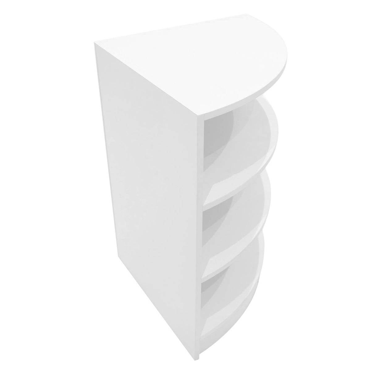 Bancone da negozio Andromeda LED in bianco, con design curvo e quattro ripiani, ideale per esposizione e arredamento moderno