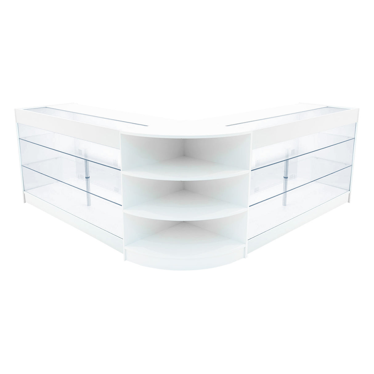 Bancone negozio angolare bianco Apollo LED con ripiani in vetro trasparente, design moderno e superficie liscia, ideale per esposizione prodotti