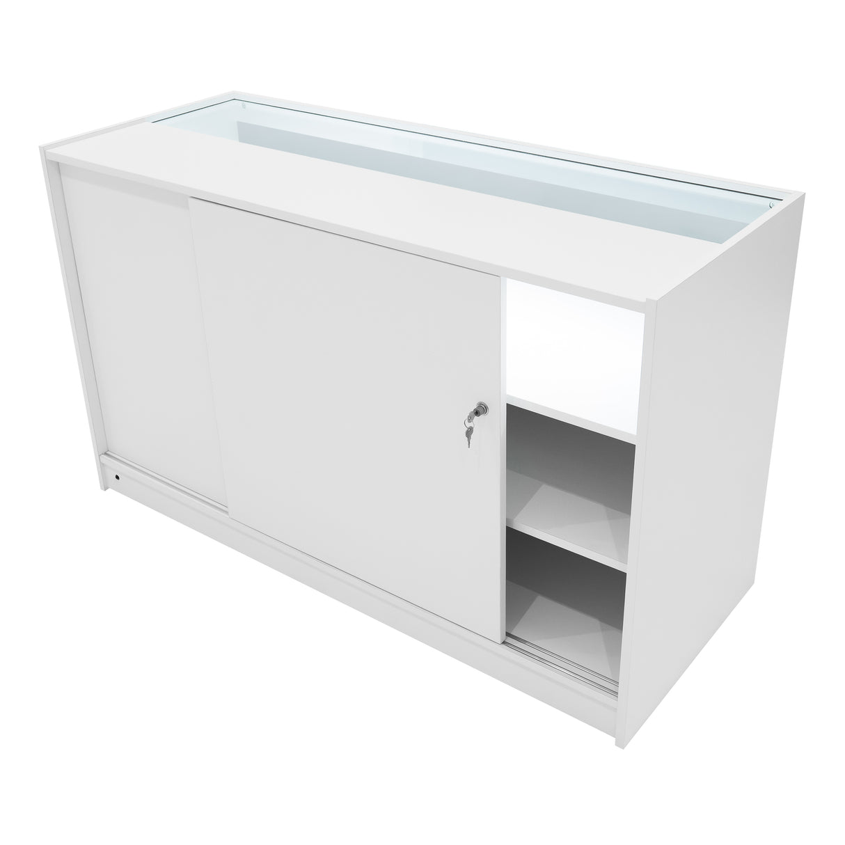 Bancone negozio Apollo LED bianco con ante scorrevoli, ripiani interni e illuminazione, design moderno e elegante per esposizione prodotti