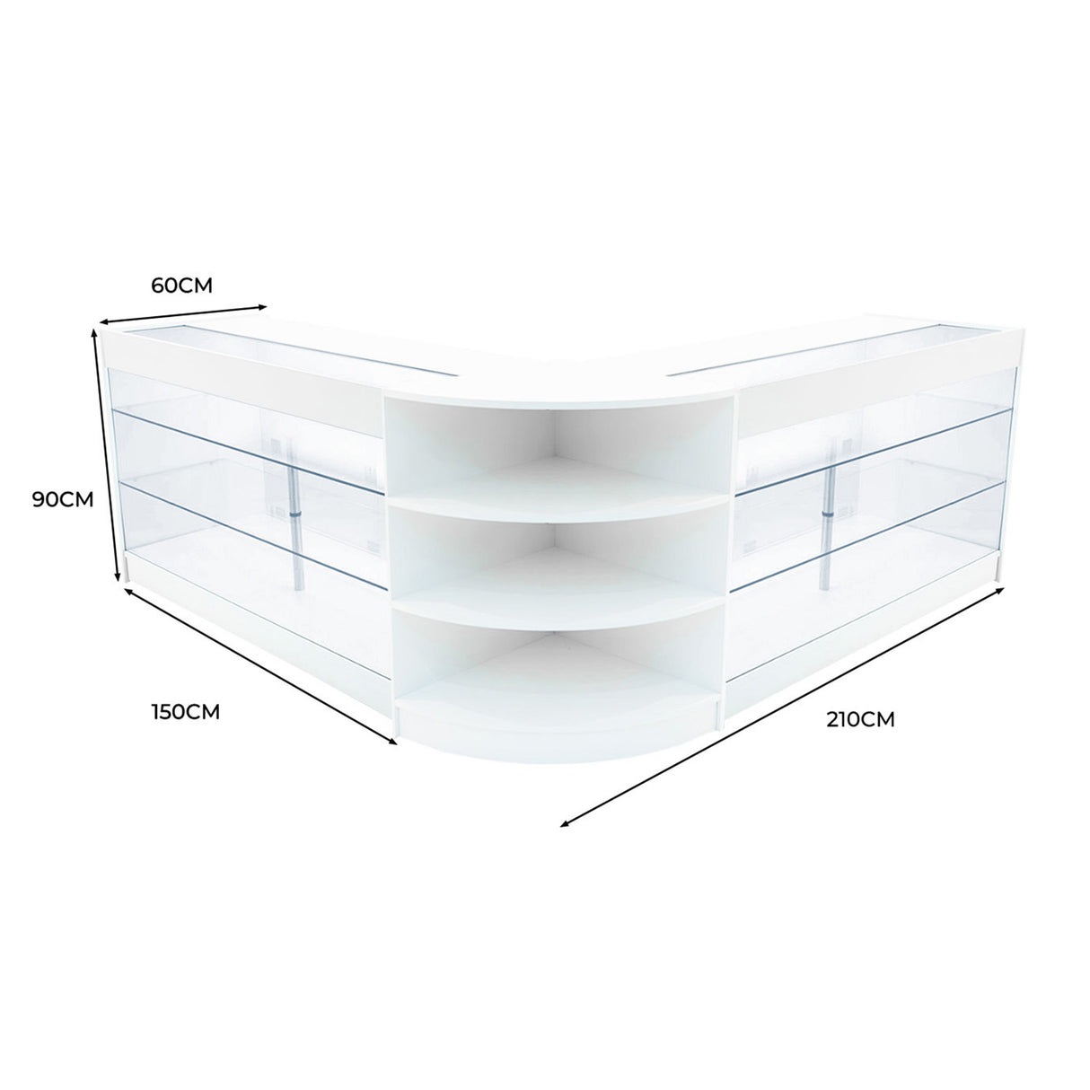 Bancone negozio angolare bianco con illuminazione LED, ripiani in vetro, dimensioni 210x150x90 cm, design moderno e funzionale