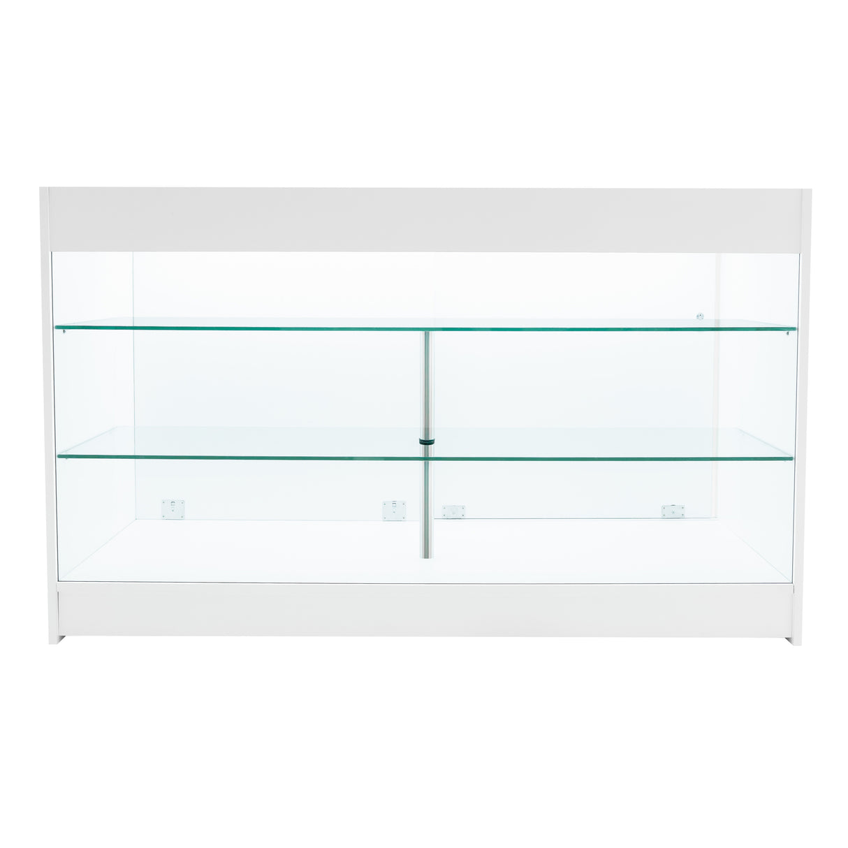 Set bancone negozio Apollo LED in bianco, con ripiani in vetro trasparente e struttura elegante, ideale per esposizione prodotti