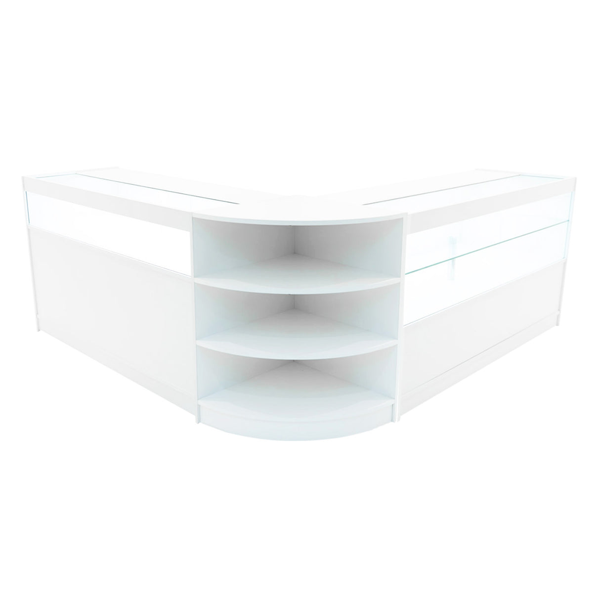 Set banconi LED Harmonia B1500 e C1500 in bianco, con ripiani curvi e superficie liscia, ideale per esposizione e vendita