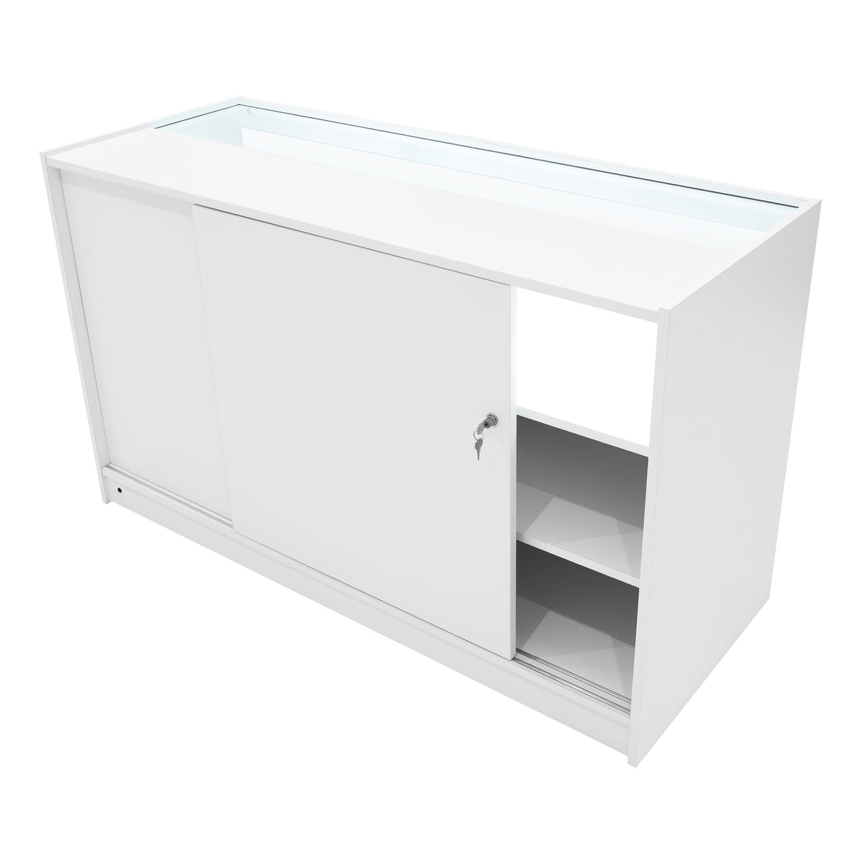 Set di banconi LED Harmonia B1500 e C1500 in bianco, con finitura liscia, ante scorrevoli e ripiani interni per un design elegante e funzionale