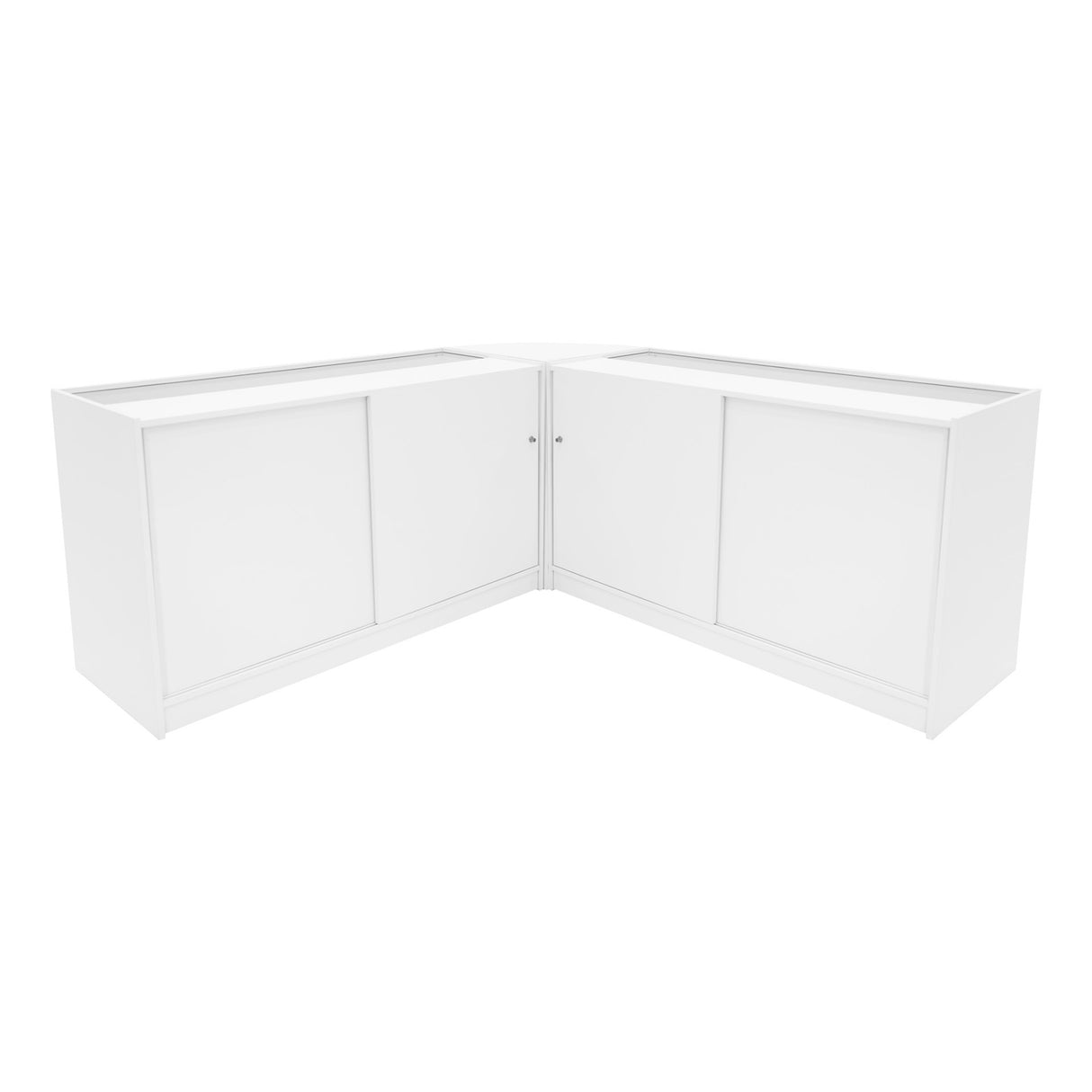 Set banconi LED Harmonia in bianco, design angolare elegante con ante scorrevoli e superficie liscia, ideale per esposizione prodotti