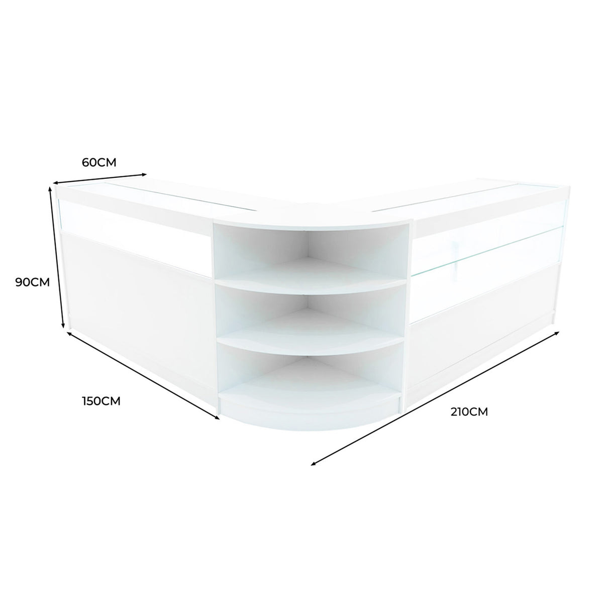 Set banconi LED Harmonia in bianco, design moderno con ripiani curvi e finitura lucida, dimensioni 210x150x90 cm, ideale per spazi commerciali