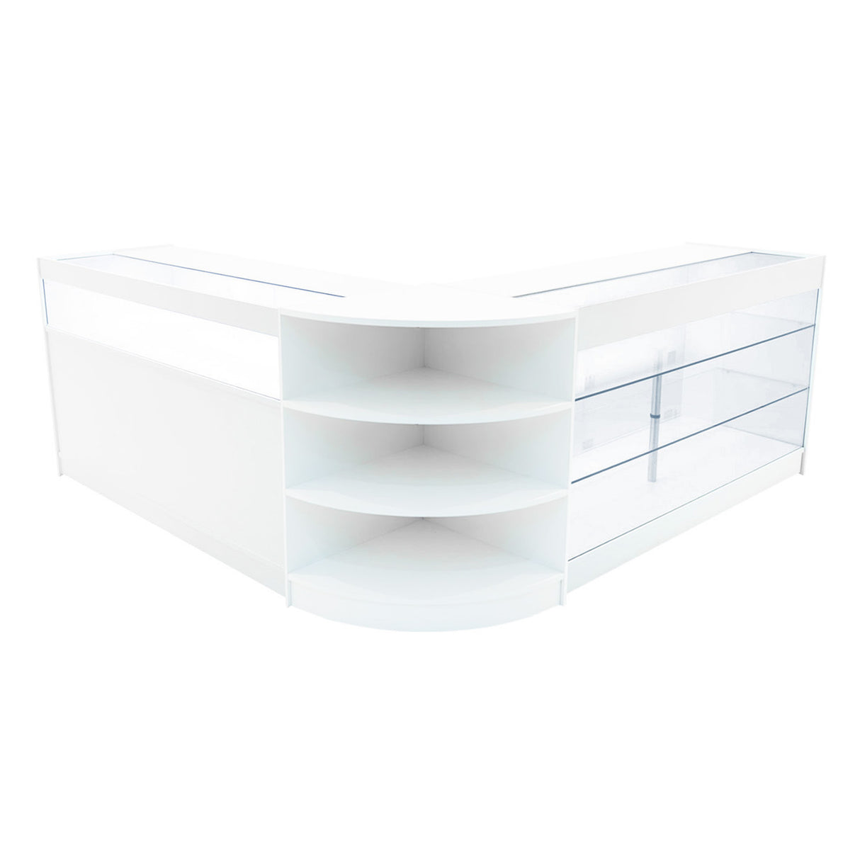 Set banconi LED Demeter in bianco, con ripiani trasparenti e curve eleganti, ideale per esposizione e arredamento moderno