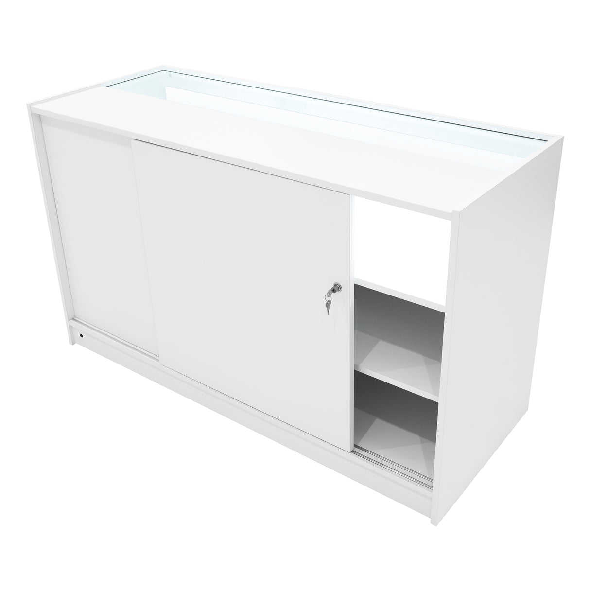 Bancone LED Demeter in bianco, con ante scorrevoli, ripiani interni e parte superiore in vetro, elegante e moderno per spazi commerciali